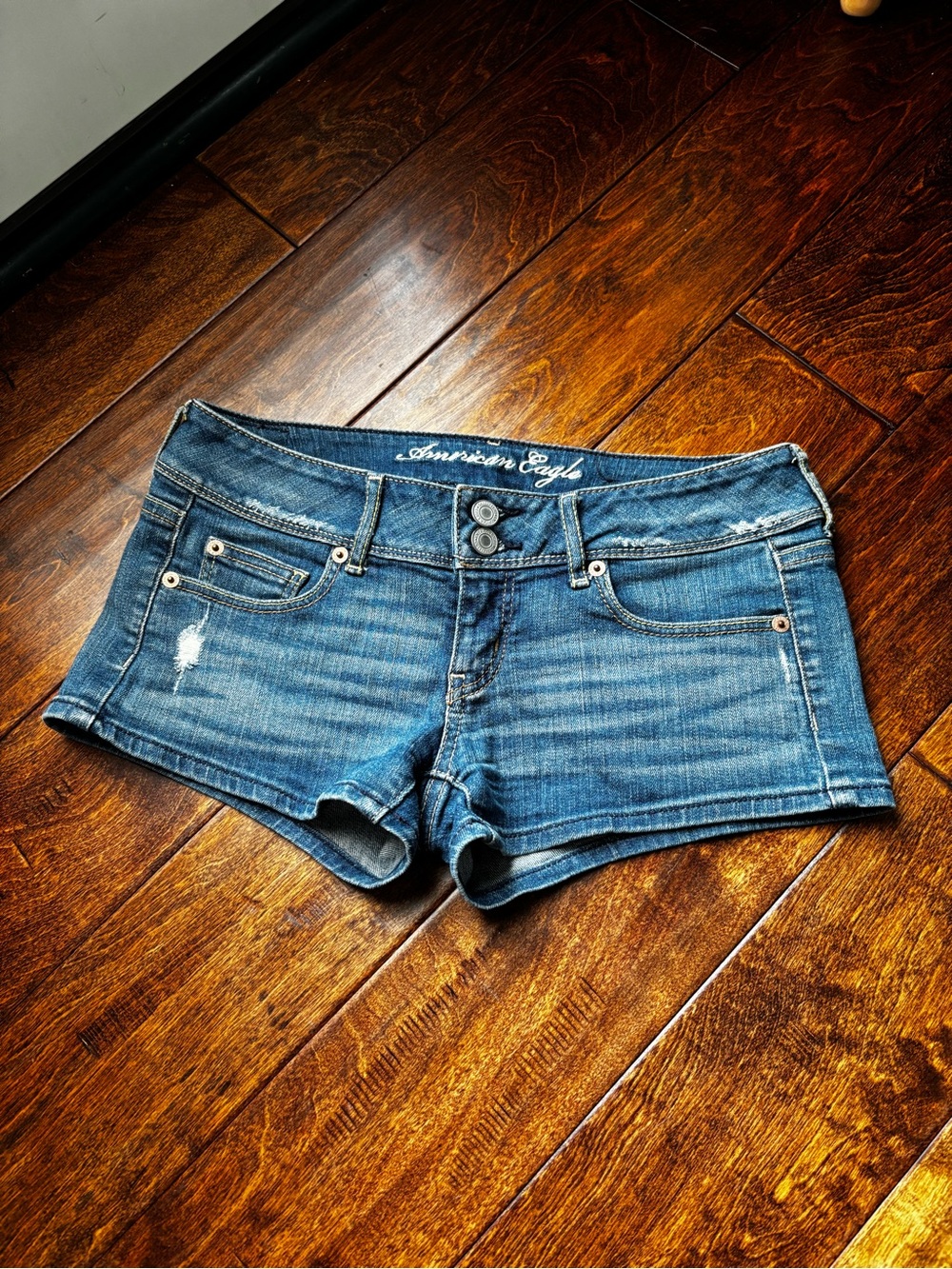 American Eagle Outfitters Dark Blue Distressed Denim Short Shorts
